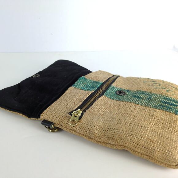 Upcycled Burlap Coffee Sack 11x10" Hand Bag Purse Italian Leather Strap Handle - Picture 6 of 8